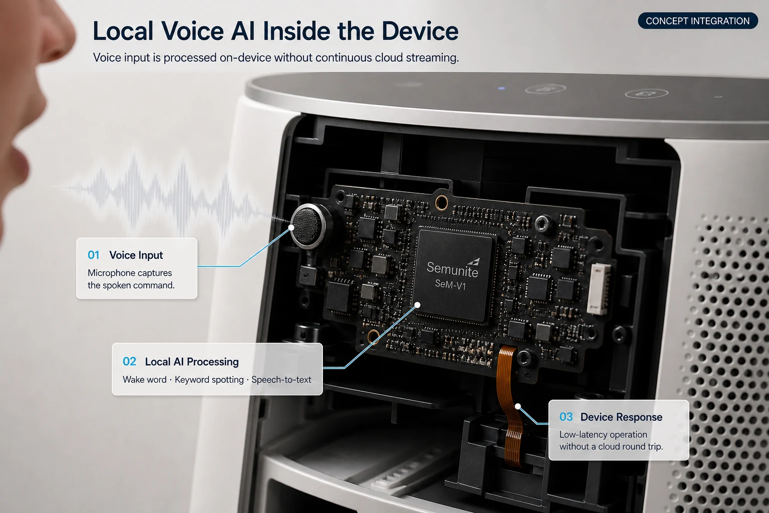 Appliance concept showing voice input processed locally by SeM-V1 before the device responds
